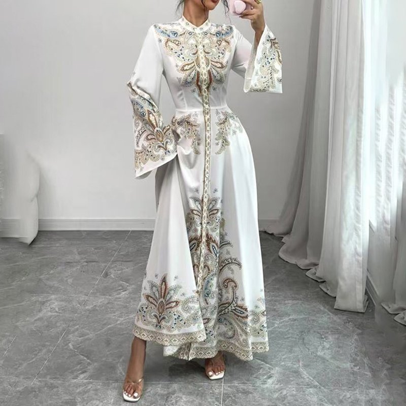 Elegant High-Neck Floral Maxi Dress - Long Flowy Sleeves, Modest A-Line Middle Eastern Style Gown Vacation & Party Dress For Women - Image 5