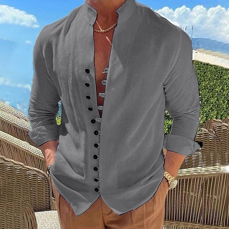 Retro Button Design Long-sleeved Shirt Men's Casual Loose Top Mens Clothing - Image 4