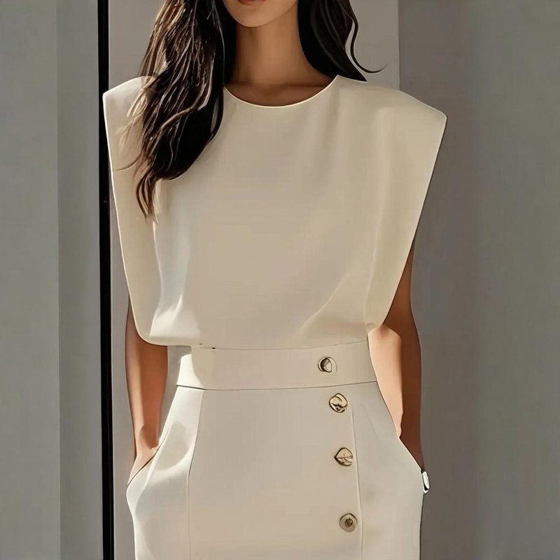 Women's Solid Color Round Neck Short Sleeve Dress With Side Slit, Button & Pockets - A-Line Cinched Waist Summer Casual Office Wear - Image 7