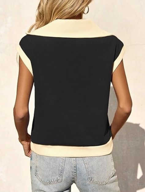 Fisoew Womens Half Zip Sweatshirts Short Sleeve Color Block Lapel V Neck Loose Summer Pullover Tops - Image 5