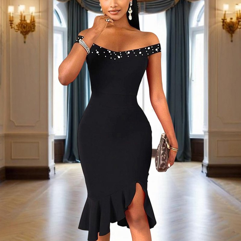 Women's Solid Color Beaded Off-Shoulder Bodycon Dress - Ruffle Hem & Slit Tight Midi Dress For Summer Parties - Image 9
