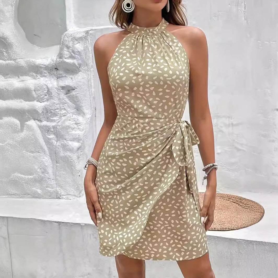 Summer Halterneck Printed Dress With Tied-waist Design Women's Shivering Dots Temperament Dress - Image 4