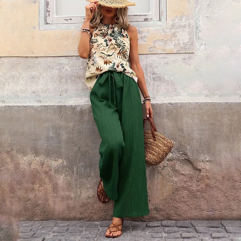 Women's 2 Piece Outfits Summer Casual Sleeveless Halter Neck Crop Tops Wide Leg Pants Set - Image 7