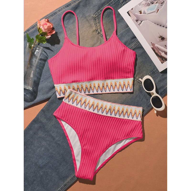 Women's Bikini Set Two Piece Swimsuits High Waisted Scoop Neck Spaghetti Adjustable Straps Textured - Image 4