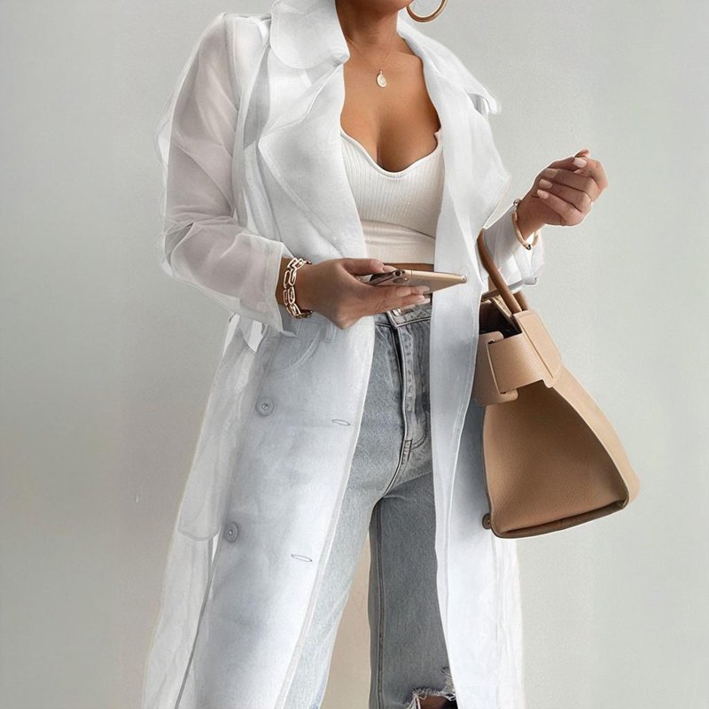 Women's Solid Color Half Sheer Long Sleeve Cardigan With Buttons & Belt - Lightweight Cover-Up For Summer - Image 6