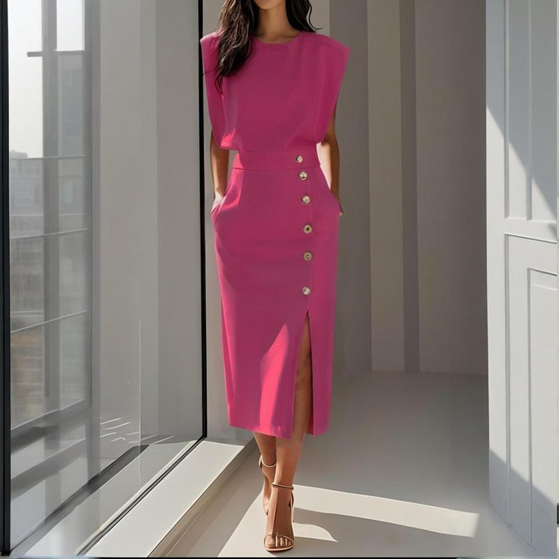 Women's Solid Color Round Neck Short Sleeve Dress With Side Slit, Button & Pockets - A-Line Cinched Waist Summer Casual Office Wear - Image 5