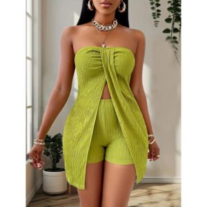 Women's 2 Piece Outfits Elegant Textured Strapless Ruched High Slit Tube Top And High Waist Skinny Shorts Shorts Set