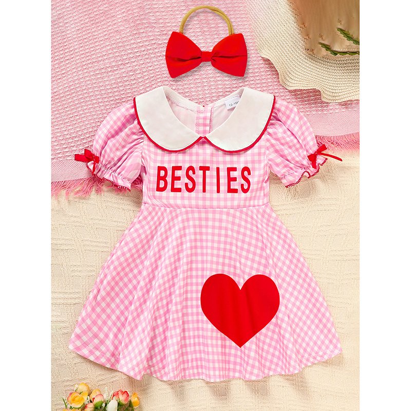 Sweet Baby Toddler Girl's Short Sleeve Letter Heart Print Doll Collar Dress With Matching Headband - Image 3