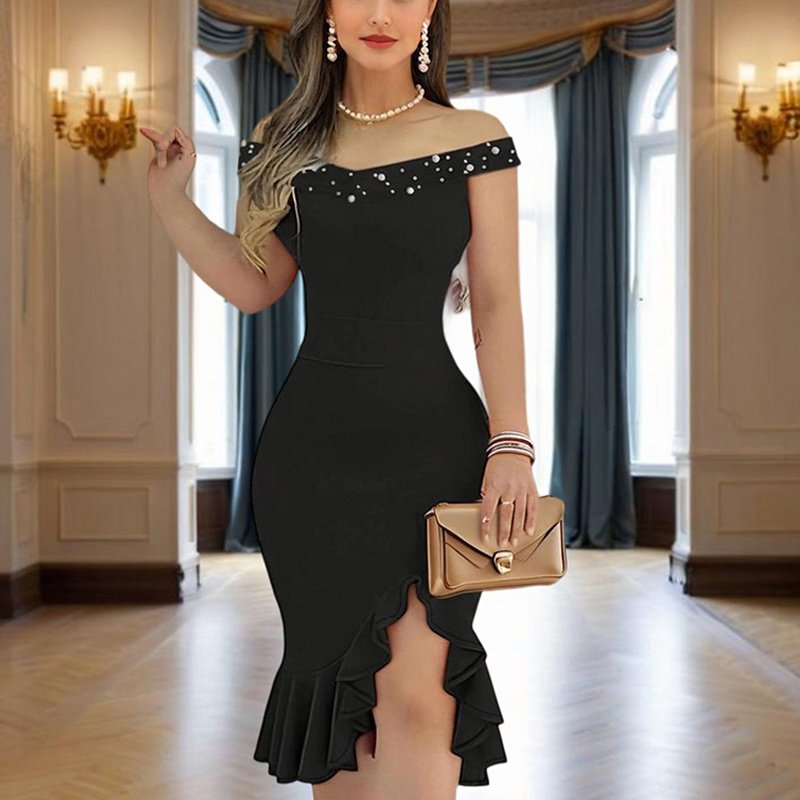 Women's Solid Color Beaded Off-Shoulder Bodycon Dress - Ruffle Hem & Slit Tight Midi Dress For Summer Parties - Image 8