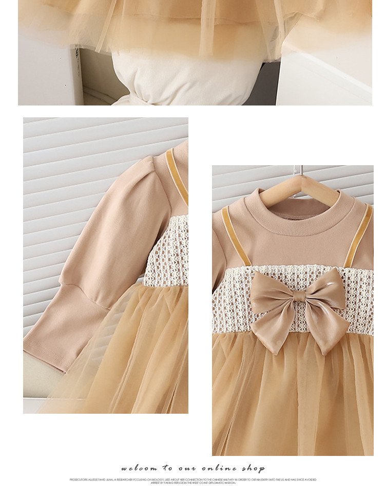 Girls Autumn Clothing Dress Puff Sleeve Bow - Image 5