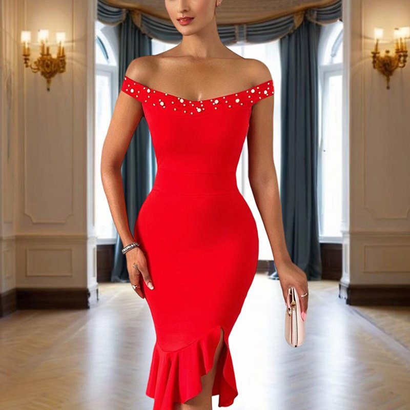 Women's Solid Color Beaded Off-Shoulder Bodycon Dress - Ruffle Hem & Slit Tight Midi Dress For Summer Parties - Image 3