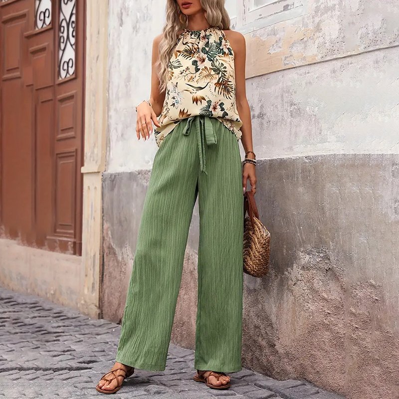 Women's 2 Piece Outfits Summer Casual Sleeveless Halter Neck Crop Tops Wide Leg Pants Set - Image 3