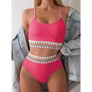 Women's Bikini Set Two Piece Swimsuits High Waisted Scoop Neck Spaghetti Adjustable Straps Textured