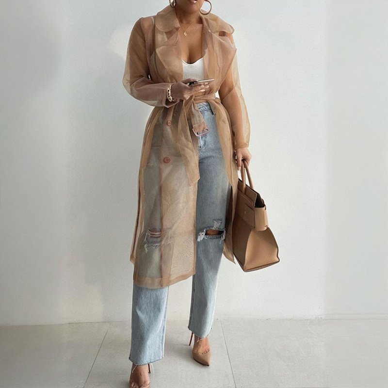Women's Solid Color Half Sheer Long Sleeve Cardigan With Buttons & Belt - Lightweight Cover-Up For Summer - Image 2