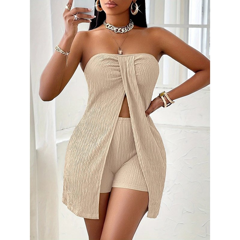 Women's 2 Piece Outfits Elegant Textured Strapless Ruched High Slit Tube Top And High Waist Skinny Shorts Shorts Set - Image 10