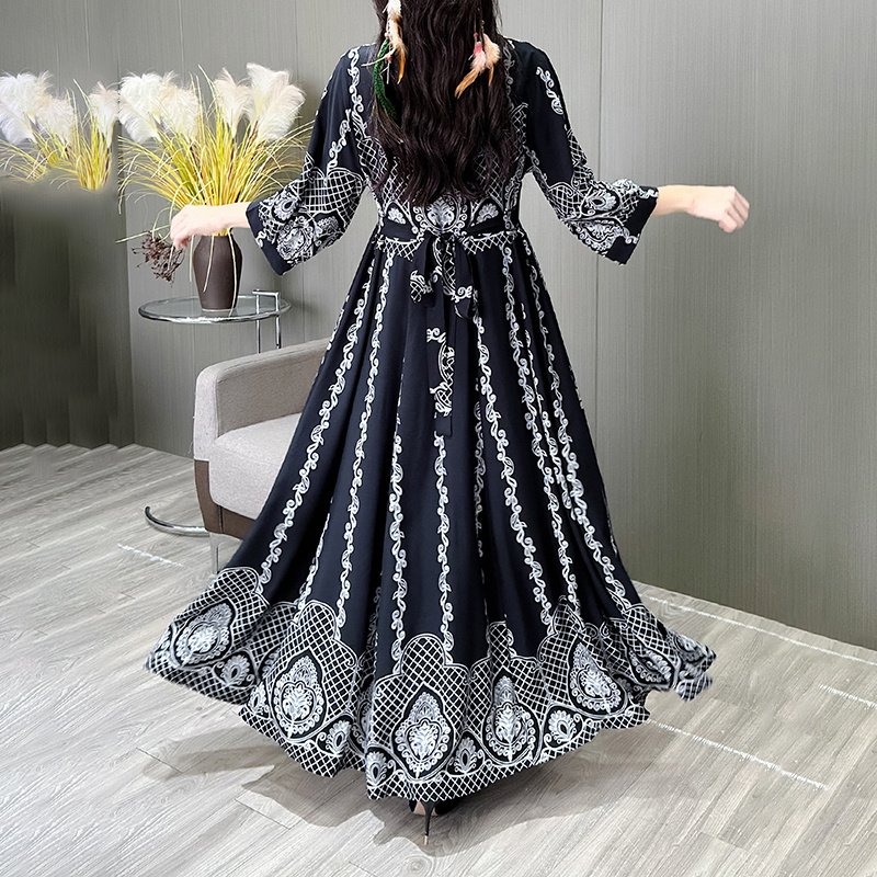 Women's Ethnic Style Floral Embroidered Dress, Elegant 3 4 Sleeve Swing Dress - Image 5