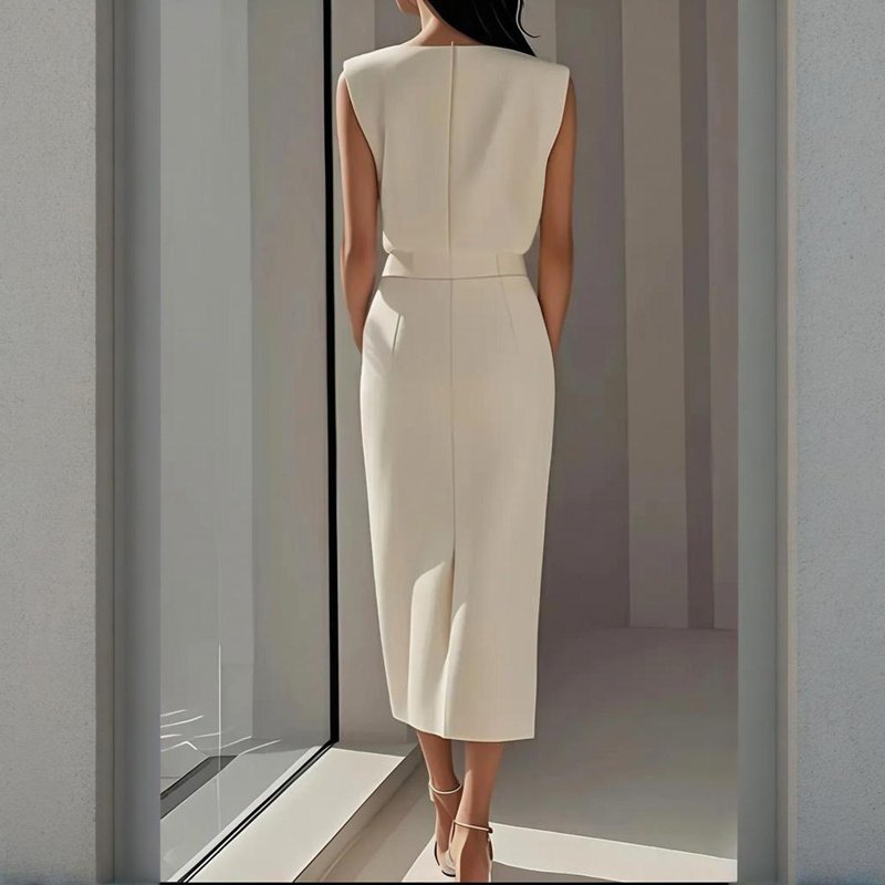 Women's Solid Color Round Neck Short Sleeve Dress With Side Slit, Button & Pockets - A-Line Cinched Waist Summer Casual Office Wear - Image 9