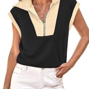 Fisoew Womens Half Zip Sweatshirts Short Sleeve Color Block Lapel V Neck Loose Summer Pullover Tops