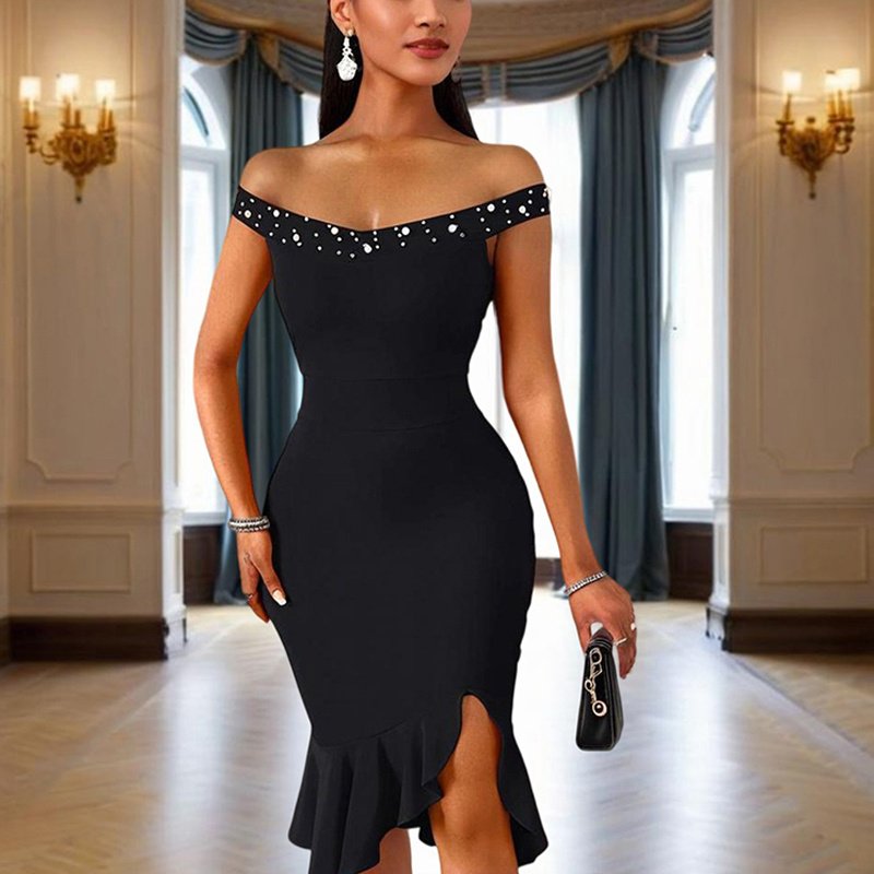 Women's Solid Color Beaded Off-Shoulder Bodycon Dress - Ruffle Hem & Slit Tight Midi Dress For Summer Parties - Image 10