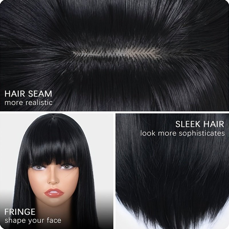Stylish Synthetic Wig With Straight Hair, Non-toxic Wig, 26-inch Heat-resistant Long Black Hair, Bangs And Rose Net Hat, Suitable For The Whole Scene. - Image 4