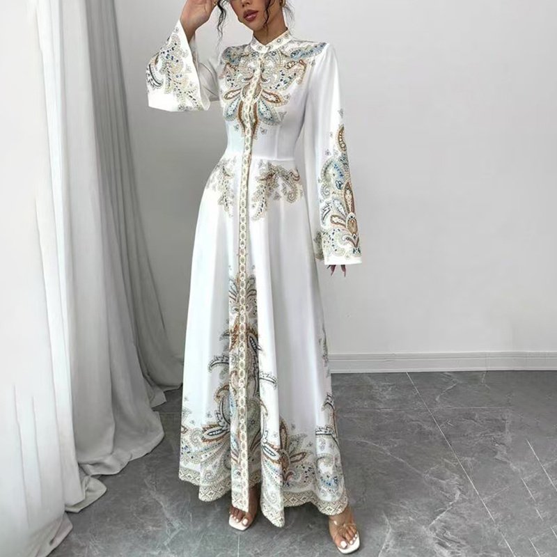 Elegant High-Neck Floral Maxi Dress - Long Flowy Sleeves, Modest A-Line Middle Eastern Style Gown Vacation & Party Dress For Women - Image 3