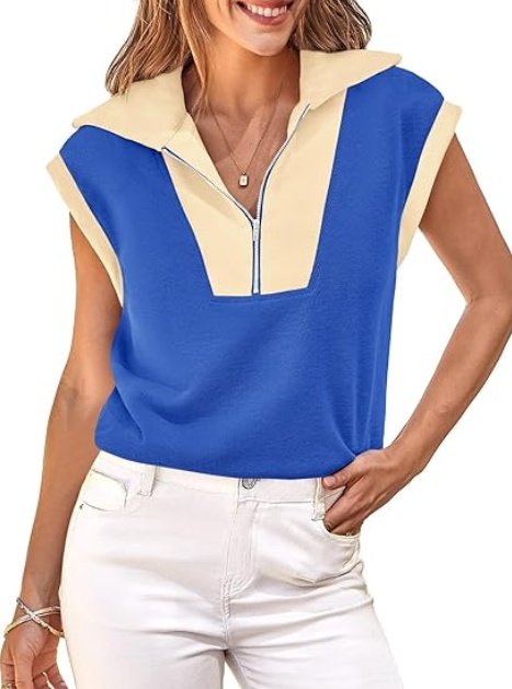 Fisoew Womens Half Zip Sweatshirts Short Sleeve Color Block Lapel V Neck Loose Summer Pullover Tops - Image 6