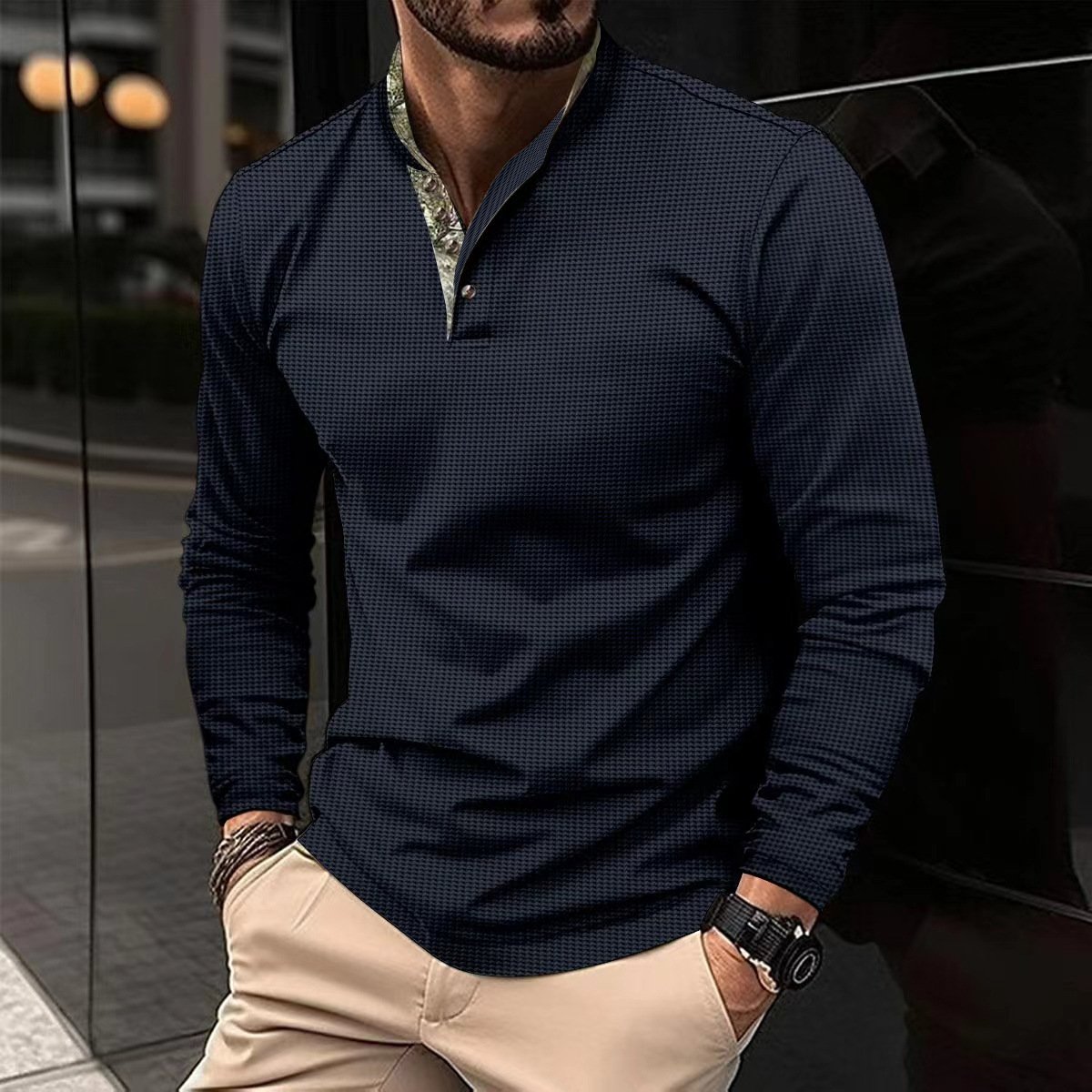 Men's Double Layer Lapel Polo Shirt Fashion Waffle Long-sleeved Tops Clothing - Image 6