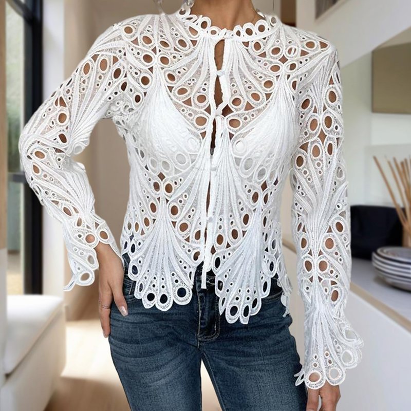 Women's Sexy Lace Hollow Out Blouse - Round Neck Button Front Long Flared Sleeve Top - Image 5