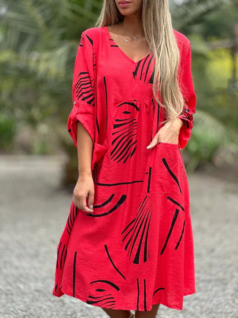 Fashion Printed V Neck Long Sleeve Dress Casual Loose Straight Dress Women's Clothing - Image 5