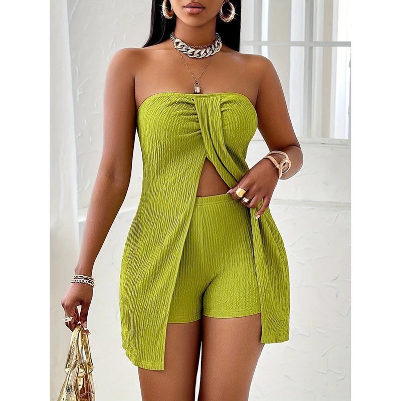 Women's 2 Piece Outfits Elegant Textured Strapless Ruched High Slit Tube Top And High Waist Skinny Shorts Shorts Set - Image 3