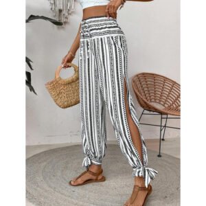 Women's Fashion Striped Long Pants Side-Slit Design Trendy Casual Trousers