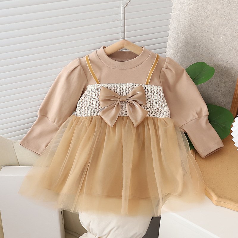 Girls Autumn Clothing Dress Puff Sleeve Bow - Image 6