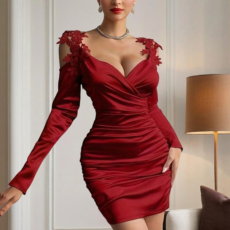 Women's Elegant V-Neck Long Sleeve Lace Sheath Dress - Off Shoulder, Backless, Slim-Fitting Satin Evening Gown With Ruffled Detail - Image 7