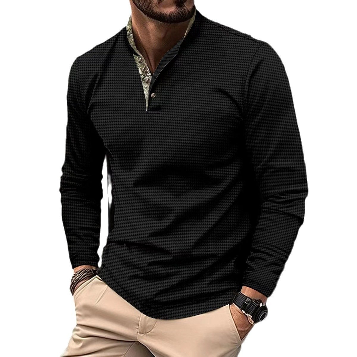 Men's Double Layer Lapel Polo Shirt Fashion Waffle Long-sleeved Tops Clothing - Image 8