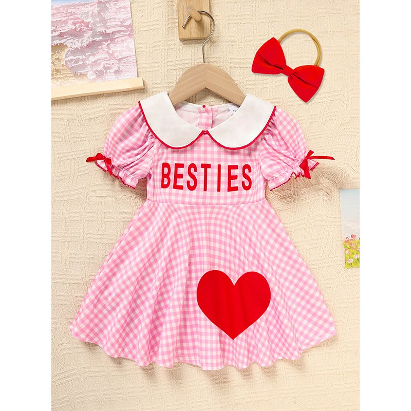 Sweet Baby Toddler Girl's Short Sleeve Letter Heart Print Doll Collar Dress With Matching Headband - Image 4
