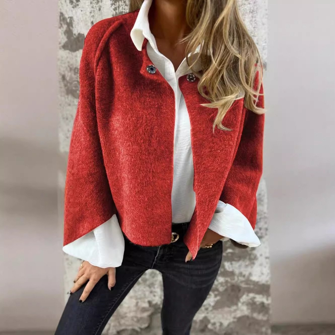 Women's Batwing Sleeve Cardigan Ins Fashion Cropped Jacket Tops Autumn And Winter Loose Short Cashmere Coat - Image 3