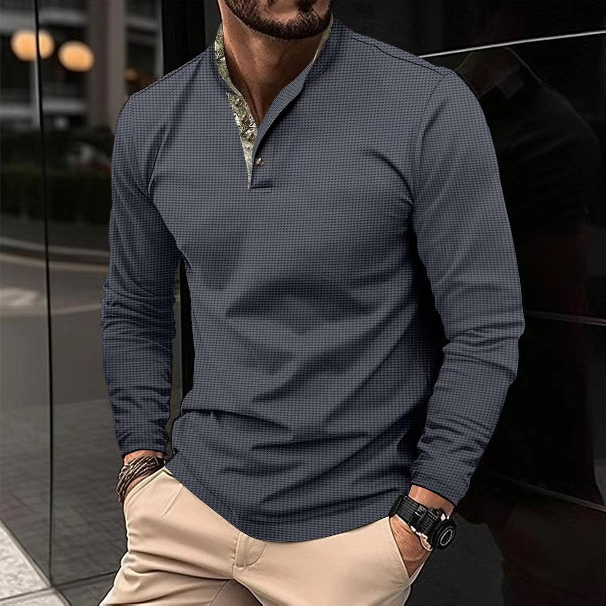 Men's Double Layer Lapel Polo Shirt Fashion Waffle Long-sleeved Tops Clothing - Image 5