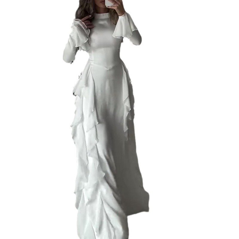 Women's Round-neck Flared Sleeves Temperament High Waist Slimming Patchwork Dress - Image 5