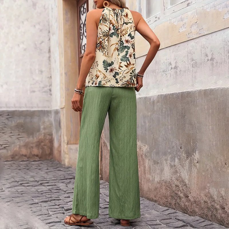 Women's 2 Piece Outfits Summer Casual Sleeveless Halter Neck Crop Tops Wide Leg Pants Set - Image 5