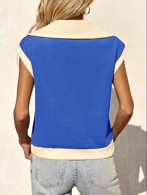 Fisoew Womens Half Zip Sweatshirts Short Sleeve Color Block Lapel V Neck Loose Summer Pullover Tops - Image 10