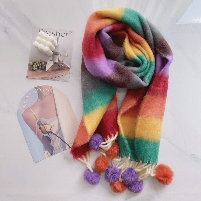 Rainbow Dopamine Mohair Tassel Scarf - Image 6