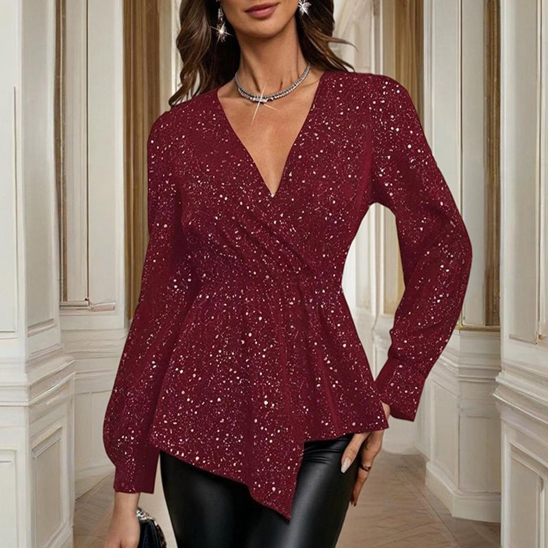 Women's Asymmetrical Hem Solid Color V-Neck Long Sleeve Blouse - Stylish Casual Flash Top For Spring&Fall - Image 6