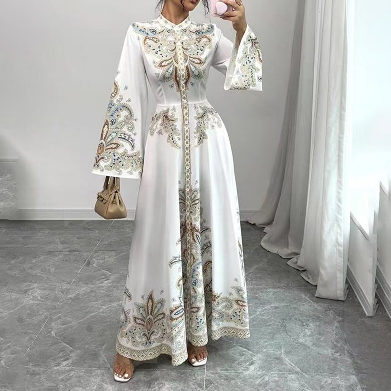 Elegant High-Neck Floral Maxi Dress - Long Flowy Sleeves, Modest A-Line Middle Eastern Style Gown Vacation & Party Dress For Women