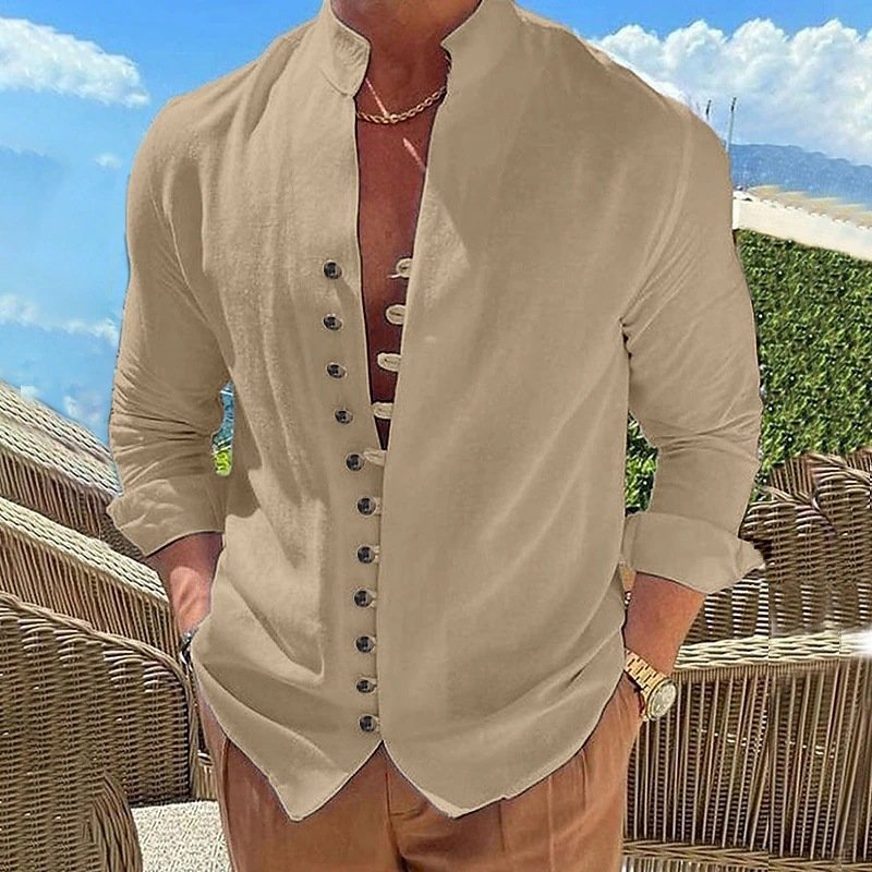 Retro Button Design Long-sleeved Shirt Men's Casual Loose Top Mens Clothing - Image 2