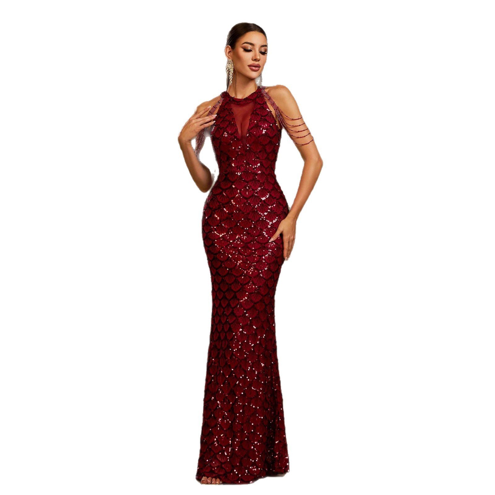 Elegant Sleeveless Round Neck Sequins Slim Sheath Banquet Fishtail Dress - Image 5