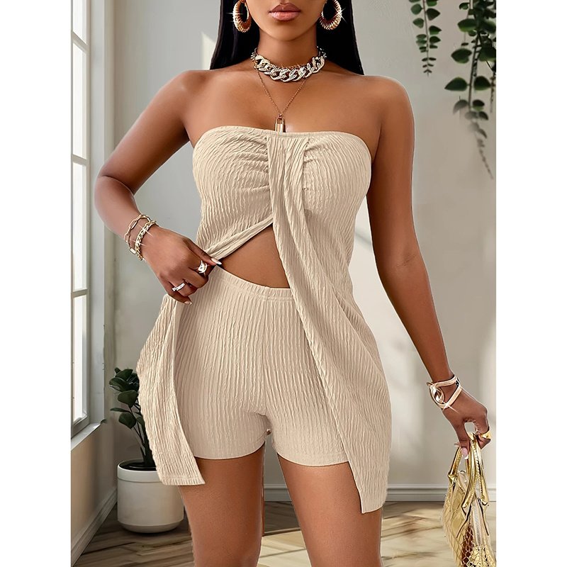 Women's 2 Piece Outfits Elegant Textured Strapless Ruched High Slit Tube Top And High Waist Skinny Shorts Shorts Set - Image 8