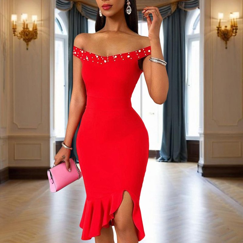 Women's Solid Color Beaded Off-Shoulder Bodycon Dress - Ruffle Hem & Slit Tight Midi Dress For Summer Parties - Image 5