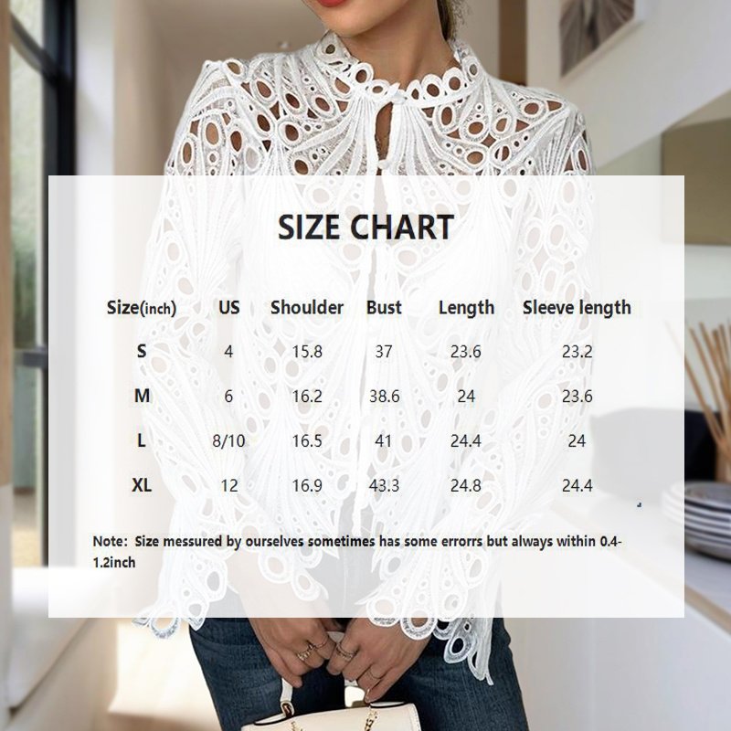 Women's Sexy Lace Hollow Out Blouse - Round Neck Button Front Long Flared Sleeve Top - Image 7