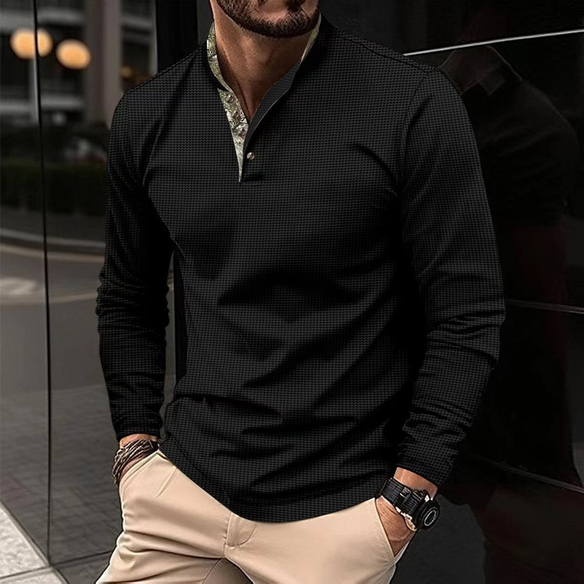 Men's Double Layer Lapel Polo Shirt Fashion Waffle Long-sleeved Tops Clothing - Image 2