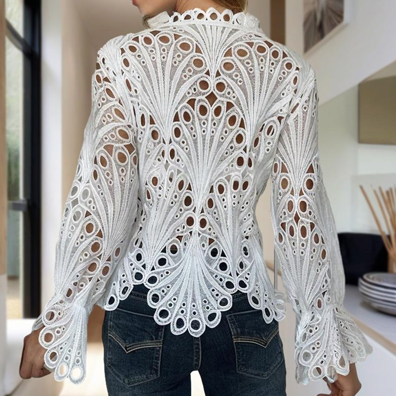 Women's Sexy Lace Hollow Out Blouse - Round Neck Button Front Long Flared Sleeve Top - Image 6